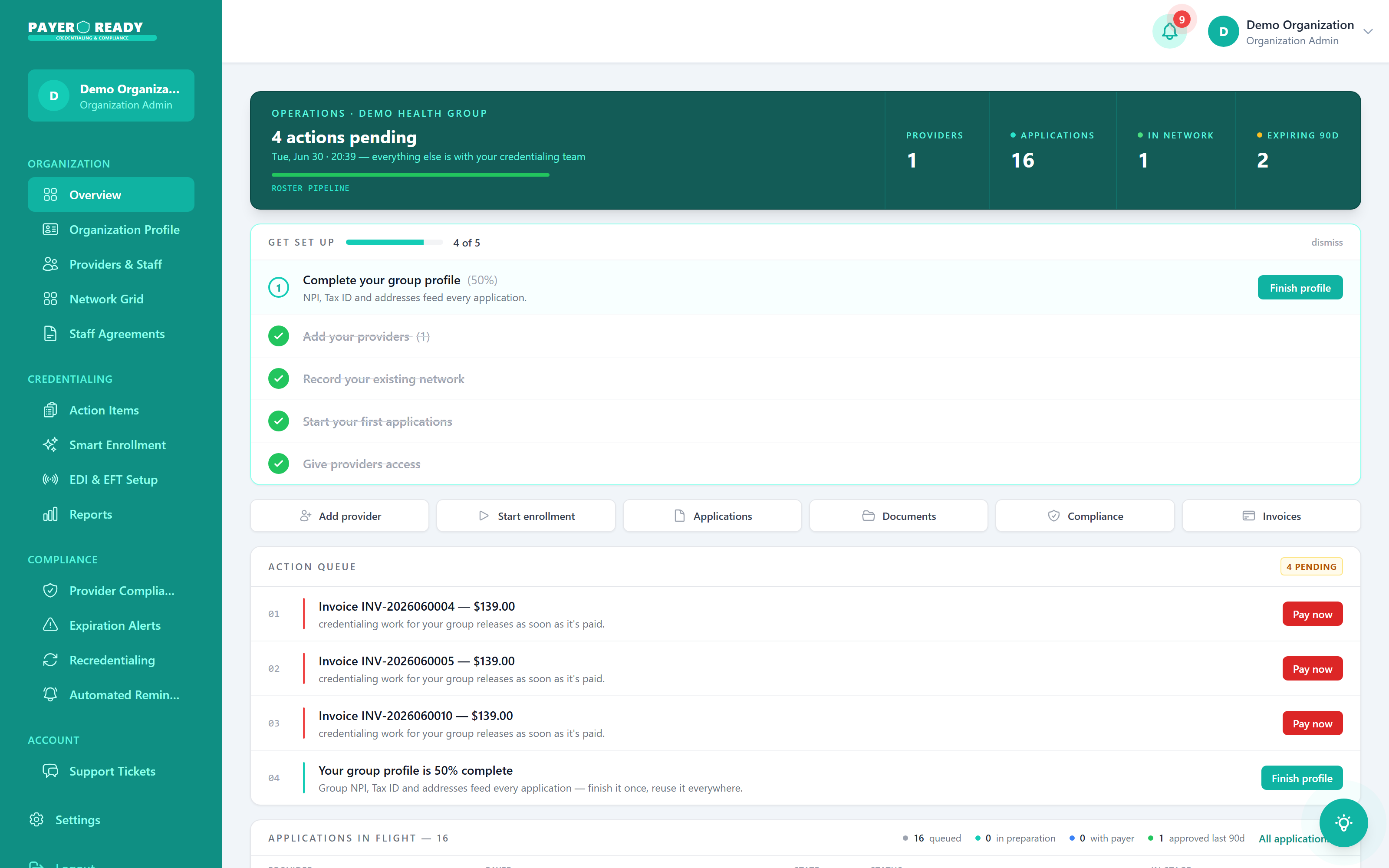 PayerReady command center: pending actions, applications in flight, and the provider pipeline