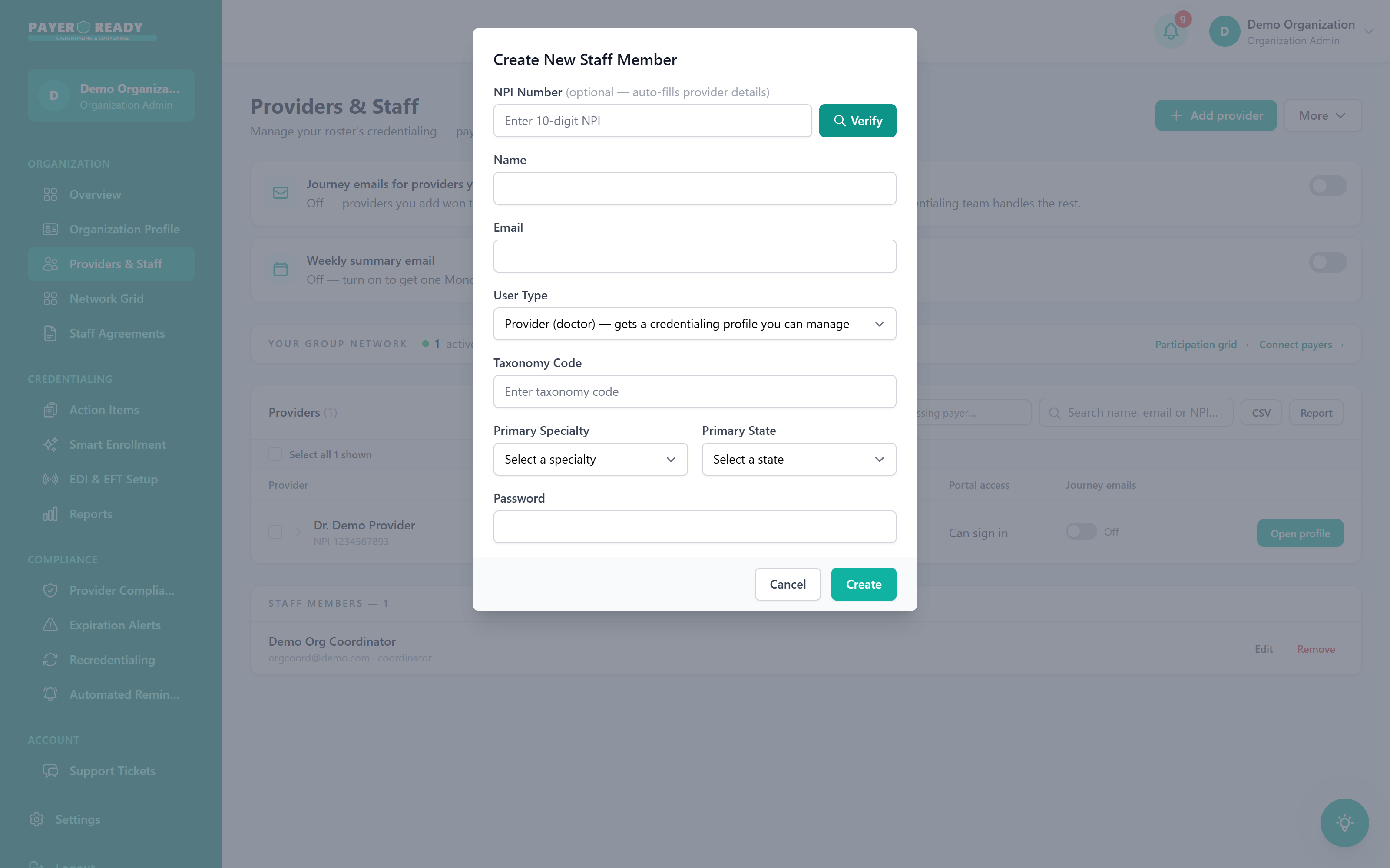 Adding a new provider from the Providers and Staff module: enter the NPI, click Verify, and their details auto-fill from NPPES