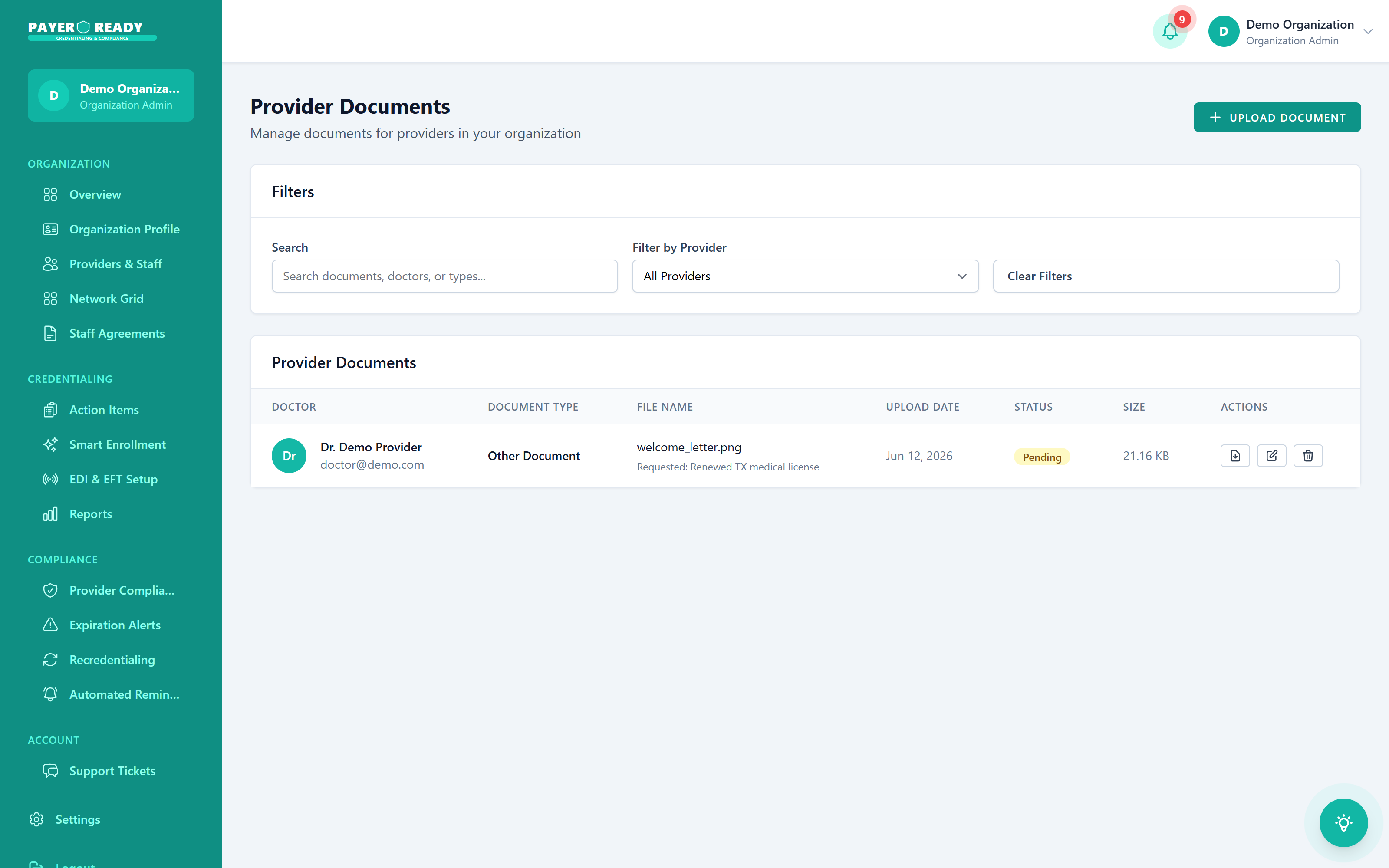 The Provider Documents record holding licenses, DEA, malpractice, and certificates with status per document