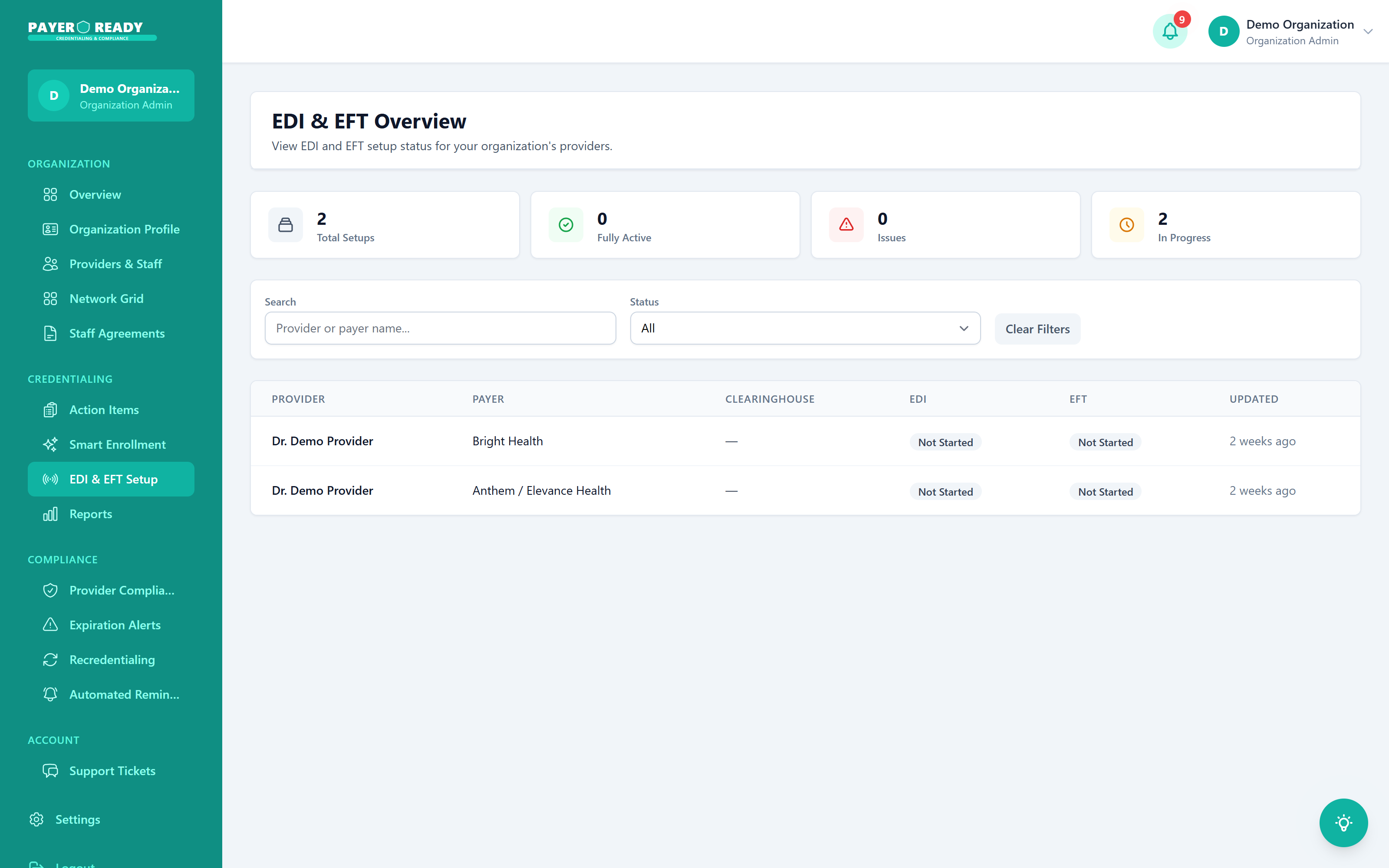 The EDI and EFT Setup module tracking electronic claims, remittance, and direct deposit enrollment for every payer