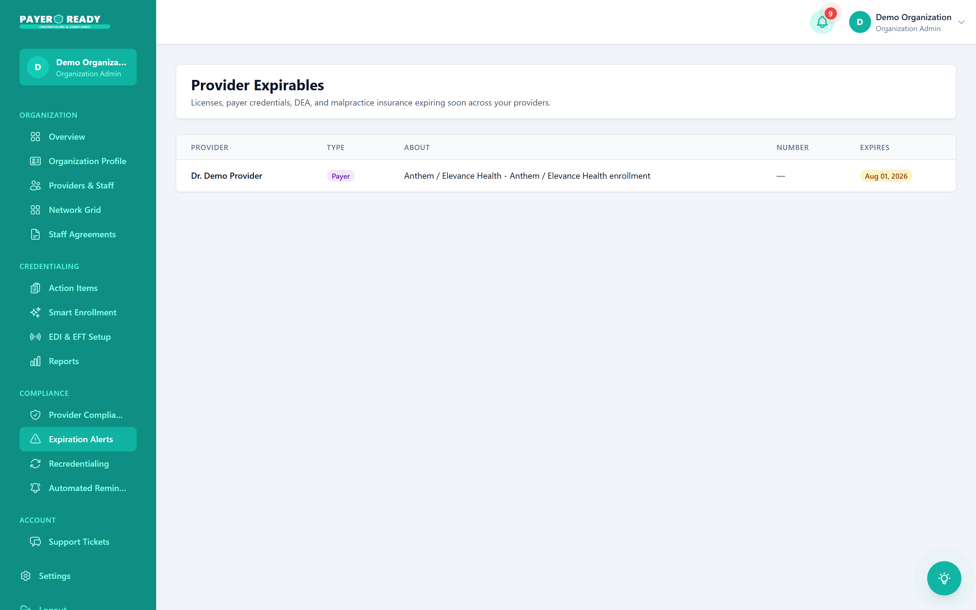 The Expiration Alerts module listing upcoming license and certification deadlines color coded by urgency