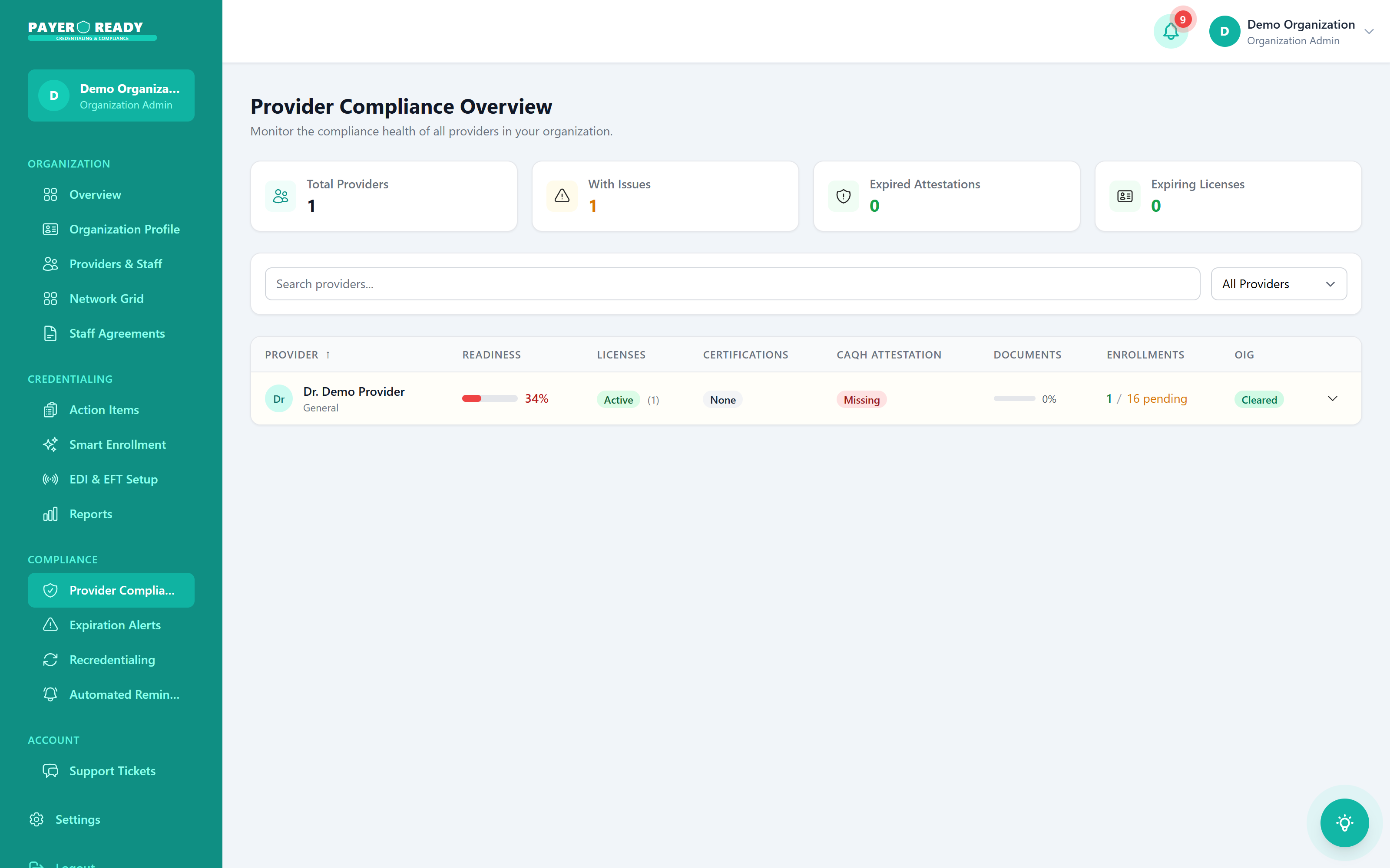 The Provider Compliance view showing license status, CAQH attestation, documents, and OIG standing per provider