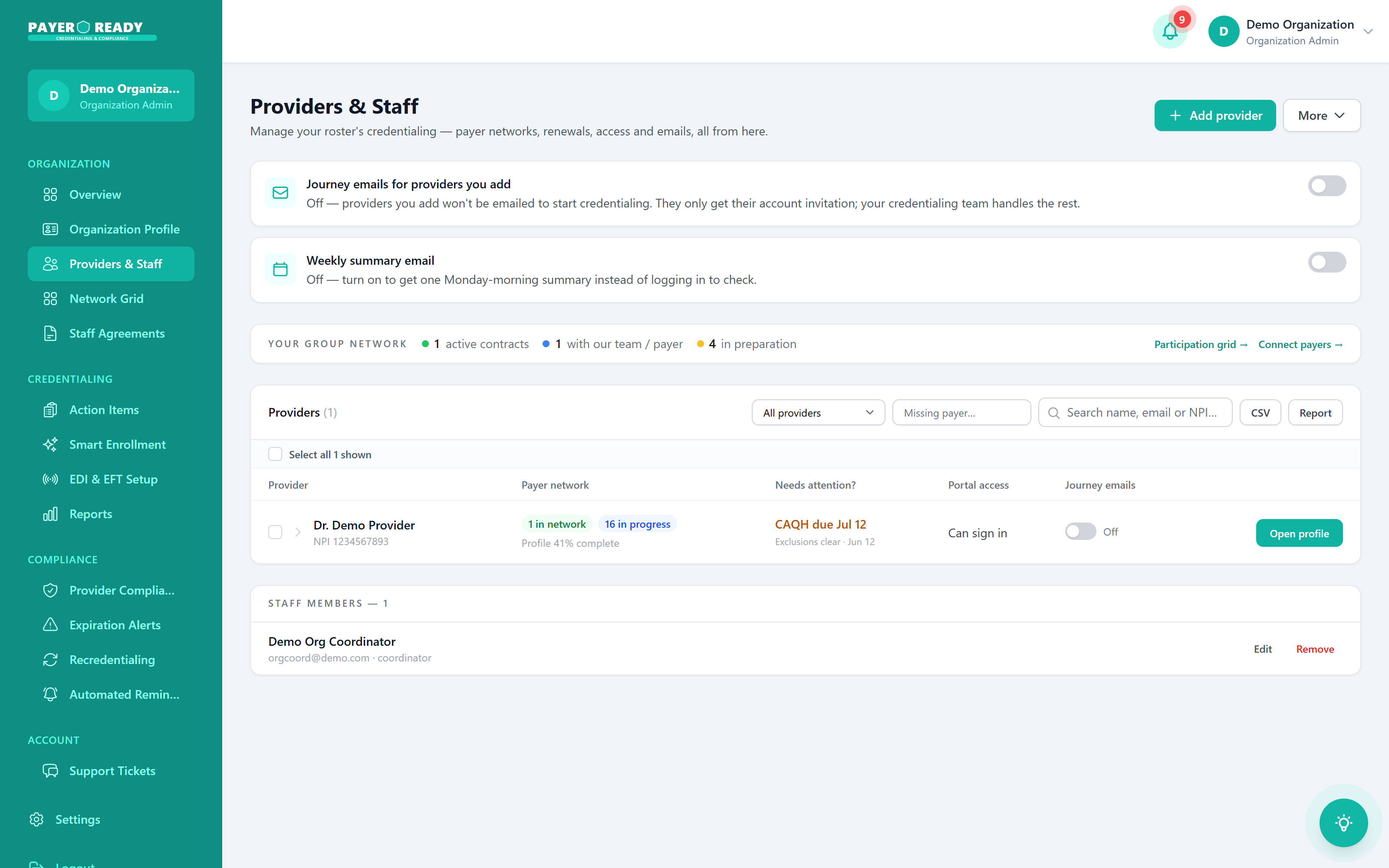 The Providers and Staff module showing the roster with payer network status, profile completeness, CAQH due dates, and portal access per provider