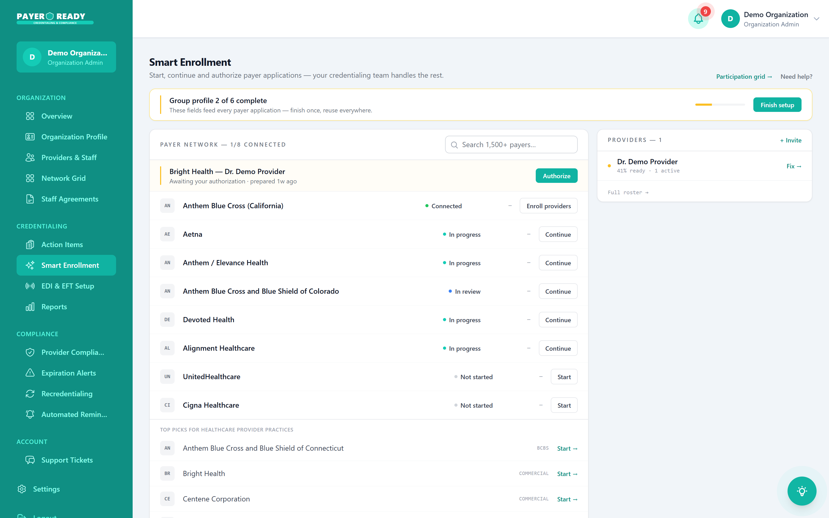 Smart Enrollment module showing the payer network with live statuses, one-click authorization, and top payer picks for your practice type