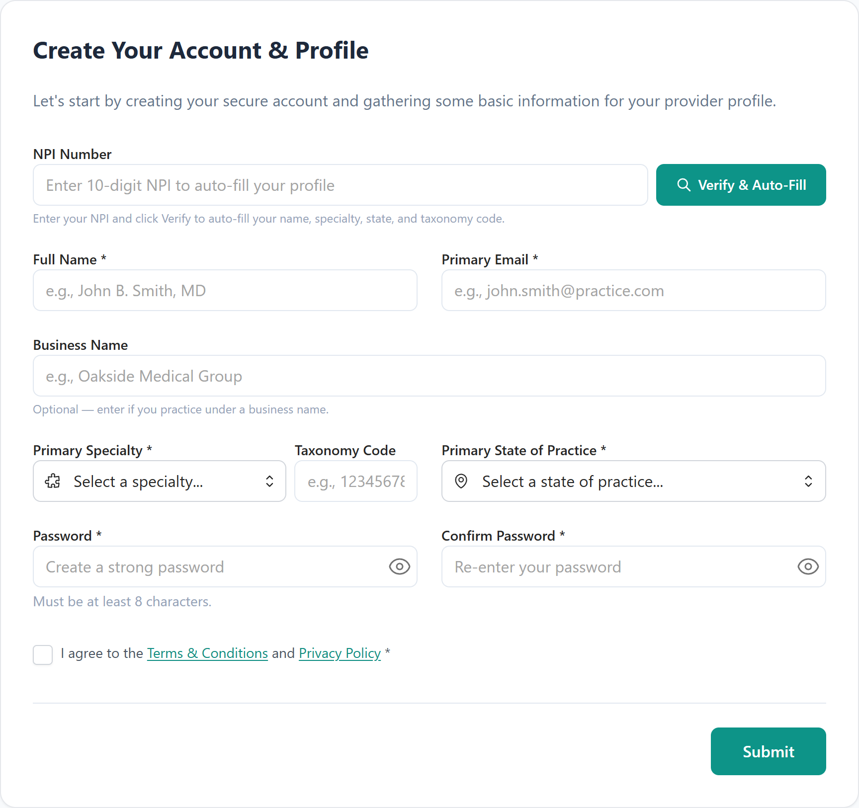 The account creation form where entering an NPI and clicking Verify and Auto-Fill pulls your details from NPPES