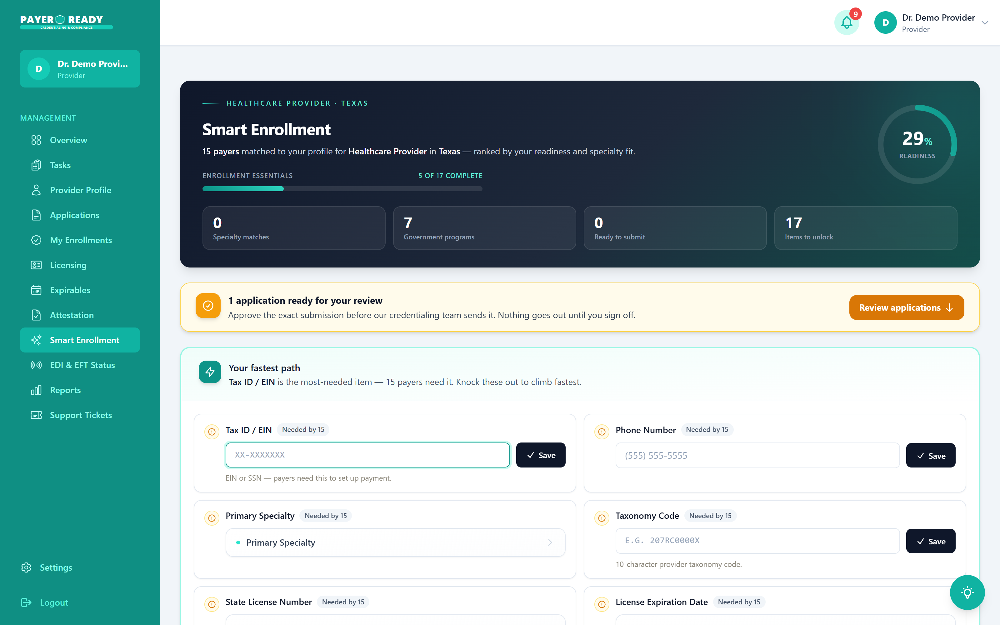 The Smart Enrollment screen with payers matched to the profile and an application waiting for provider review, because nothing goes out until you sign off