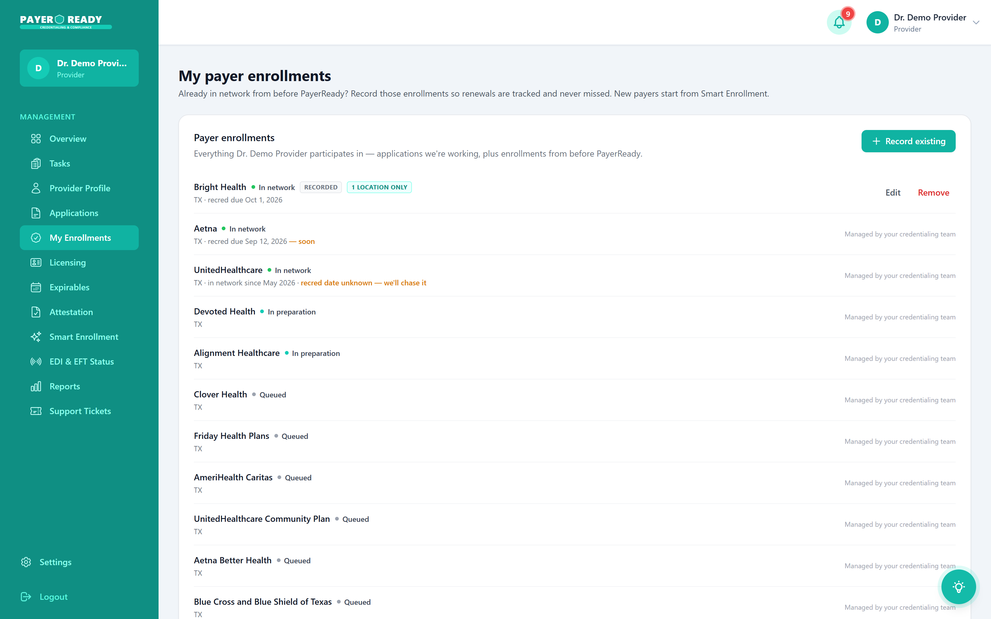 The payer enrollments list showing in network payers, applications in preparation, queued submissions, and recredentialing dates being chased