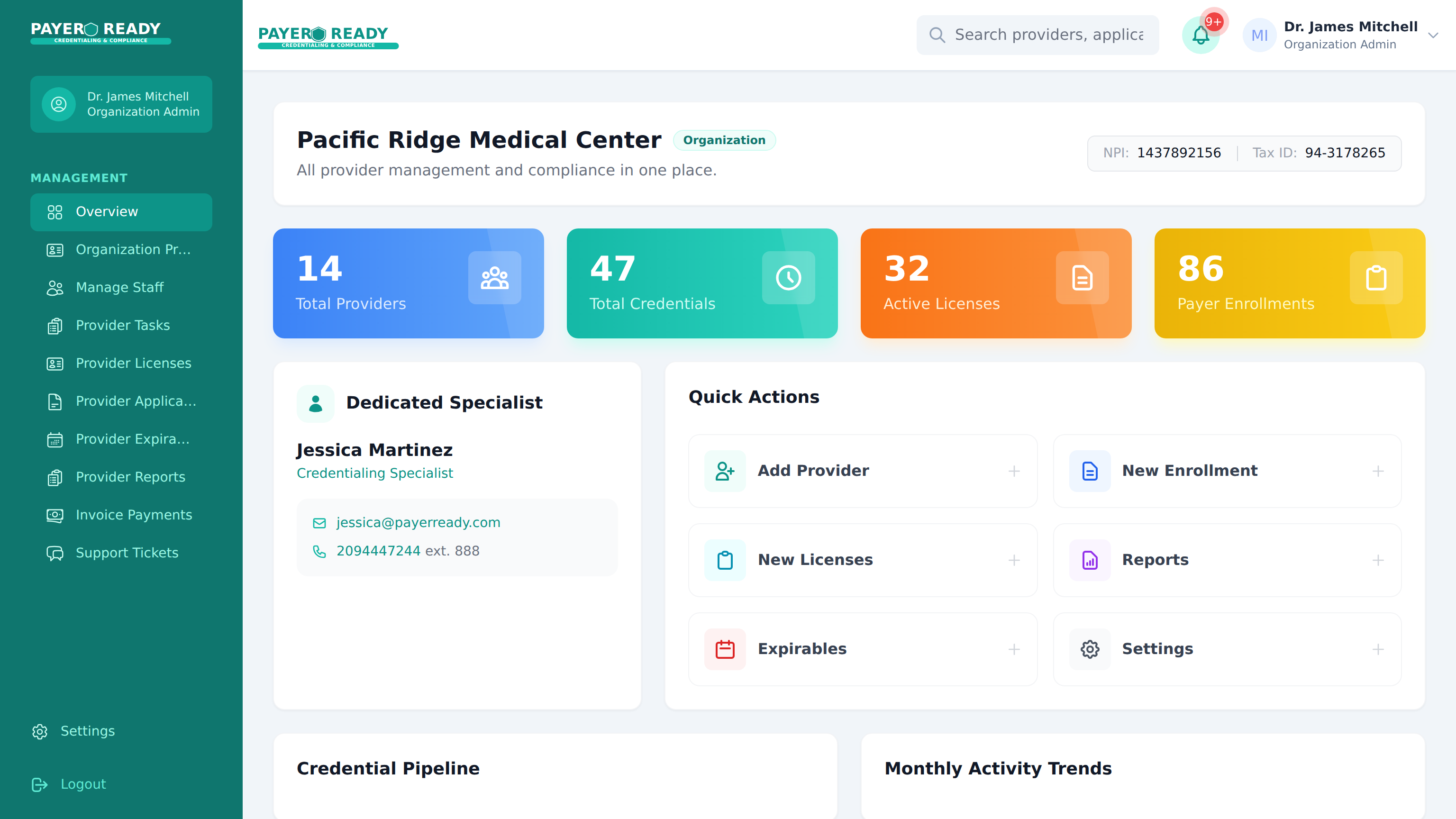 PayerReady credentialing dashboard showing provider enrollment status and payer tracking