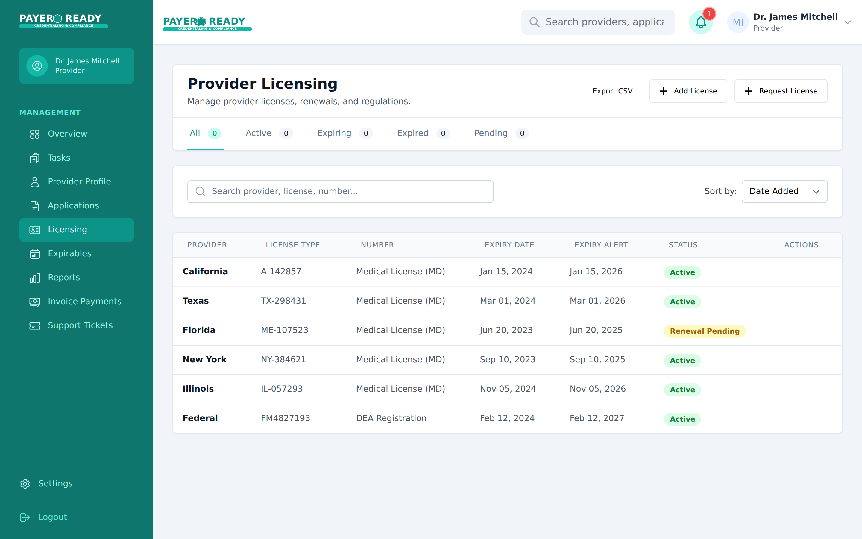 Provider licensing management showing multi-state licenses and DEA registration